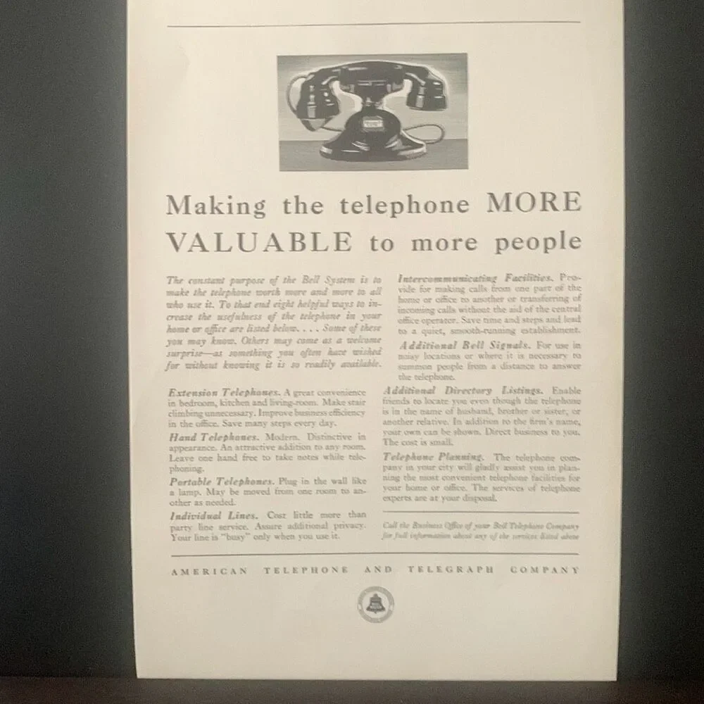 Vintage 1933 American Telephone & Telegraph AT&T More Valuable Ad Advertisement